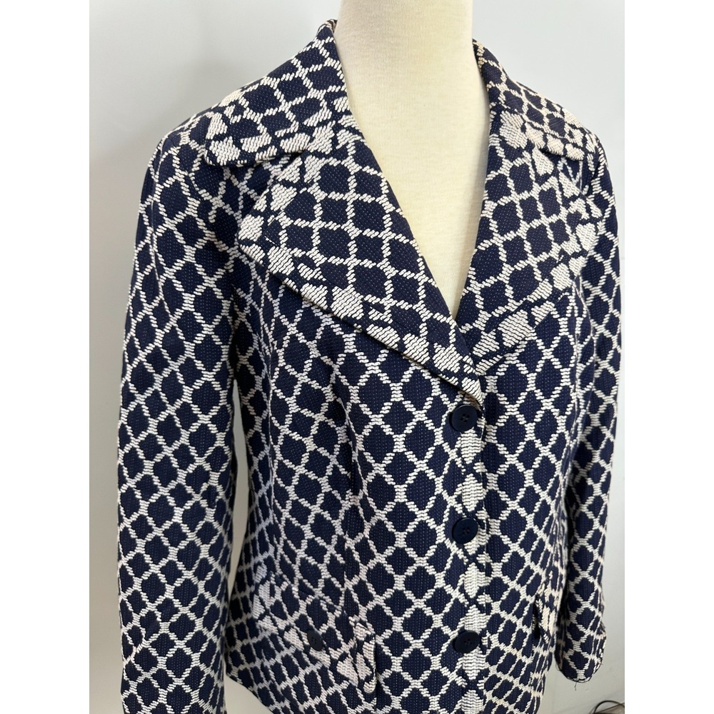 Talbots Diamond Lattice Cotton Blazer Jacket Plus Size 14W Navy White Office - Picture 4 of 13